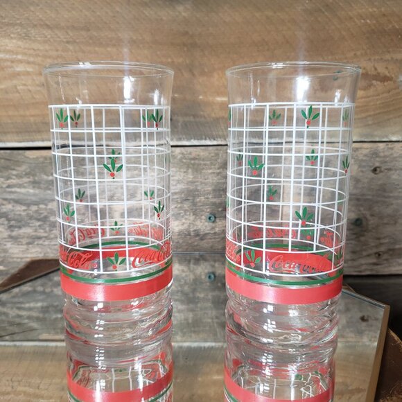 Libbey Glass Co - Coca-Cola Christmas Holly Windowpane Glass - Picture 5 of 7